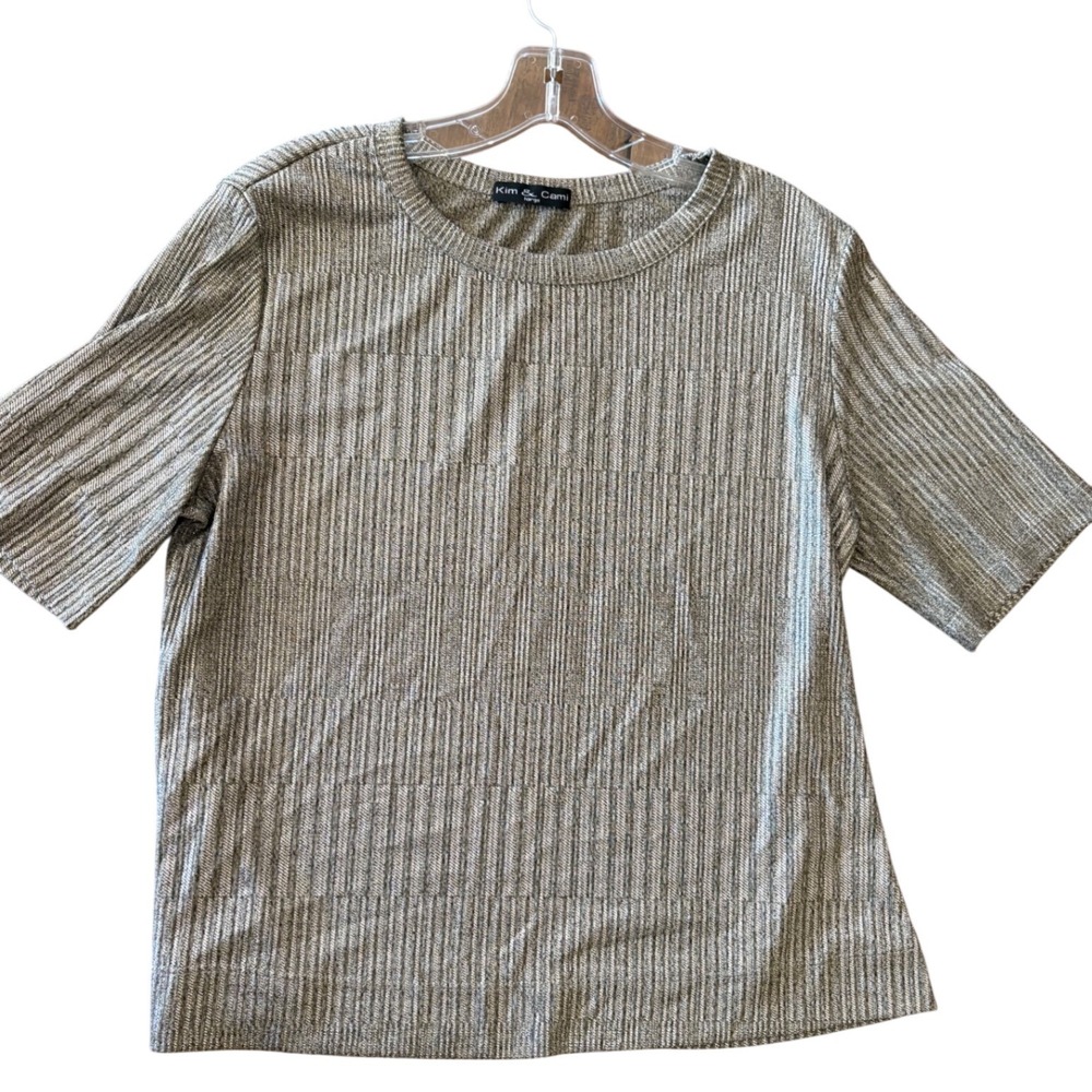 Kim & Cami Silver Metallic Short Sleeve Ribbed Knit Crew Neck Top Large Dressy